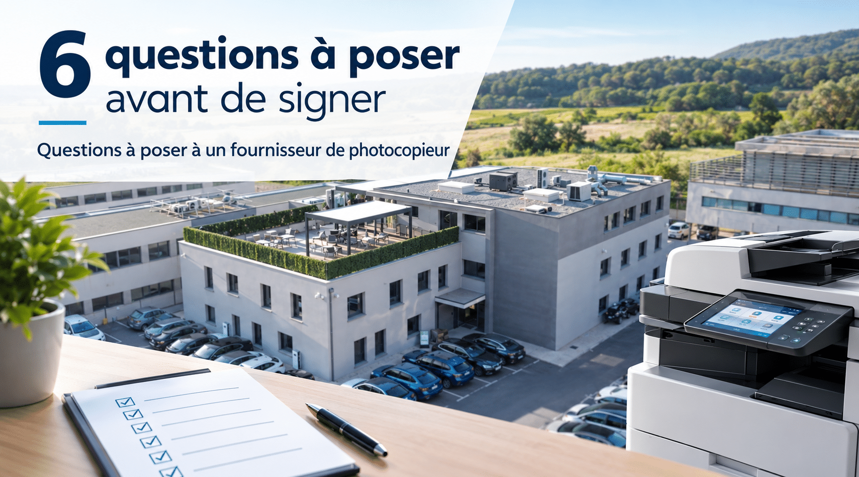 Visuel « 6 questions à poser avant de signer » avec un photocopieur professionnel au premier plan et le bâtiment Izitek en arrière-plan, pour illustrer les points à vérifier avant de choisir un fournisseur de photocopieur pour son entreprise.