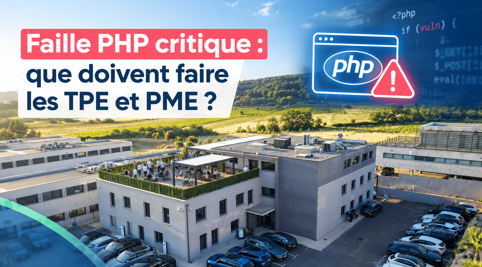 Visuel sur la faille PHP critique et les mesures à prendre par les TPE et PME pour sécuriser leurs systèmes informatiques, avec une illustration d’alerte de cybersécurité et le bâtiment IZITEK en arrière-plan.