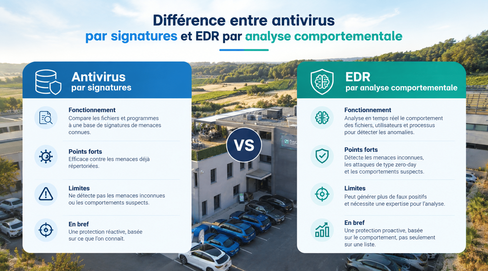 Infographie comparant un antivirus par signatures à un EDR par analyse comportementale, avec le bâtiment IZITEK en arrière-plan. Le visuel oppose une protection réactive basée sur des signatures connues à une protection proactive qui détecte les comportements suspects et les menaces inconnues en temps réel.