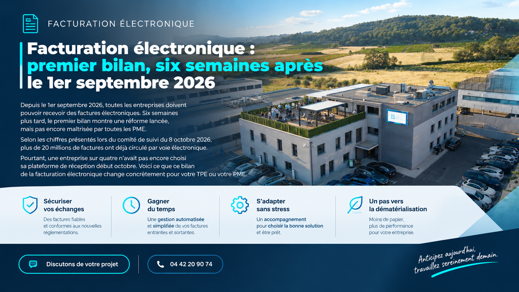 Visuel du Groupe Izitek sur la facturation électronique en entreprise, avec une photo de ses locaux à Éguilles et un bilan de la réforme six semaines après le 1er septembre 2026. Présentation des enjeux pour les TPE et PME : sécurisation des échanges, gain de temps, accompagnement à la mise en conformité et dématérialisation des factures.
