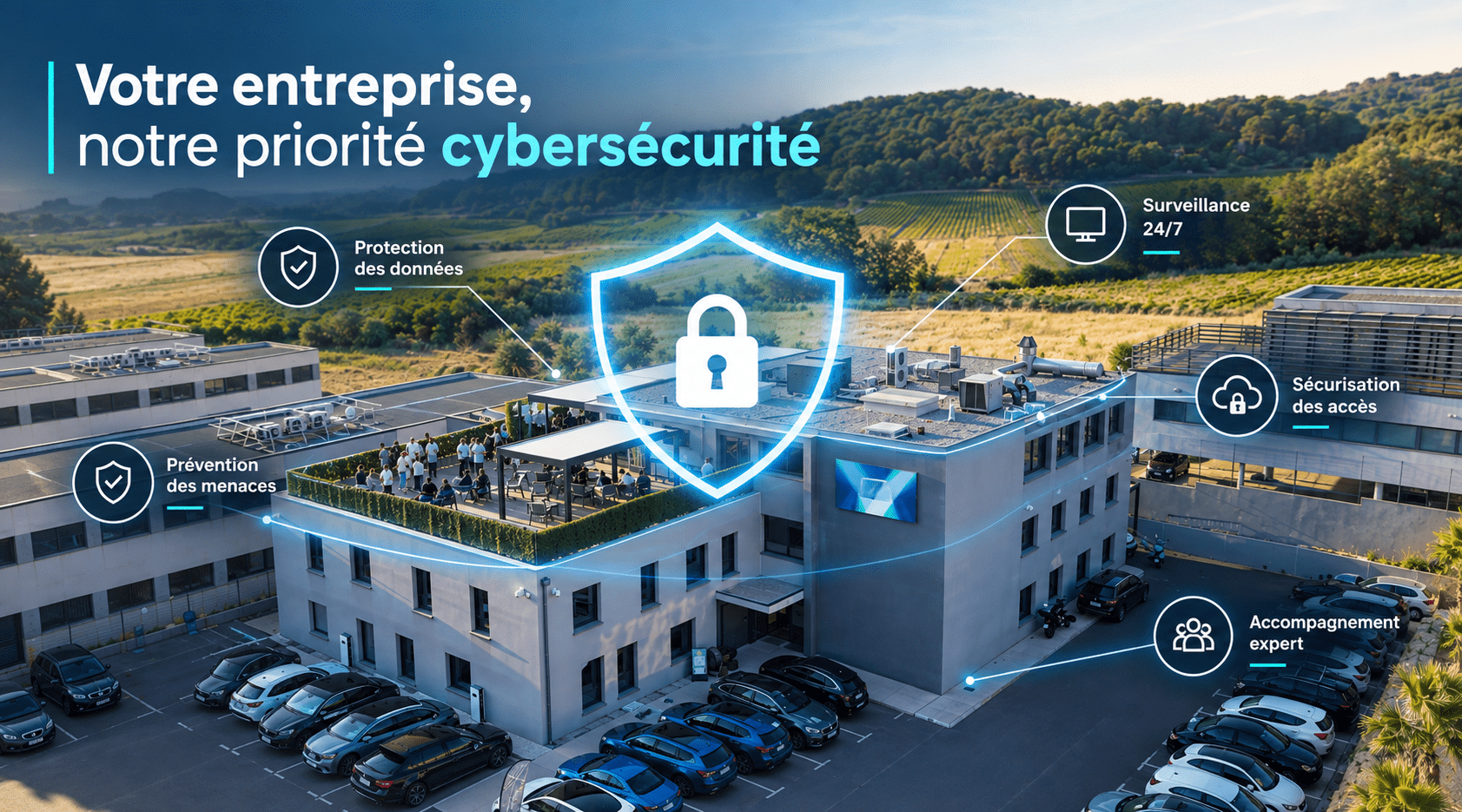 Le Groupe Izitek, basé à Éguilles près d'Aix-en-Provence, intervient sur les deux versants du sujet. Il traite notamment le contenu technique du plan, puis sa traduction opérationnelle. DG Conseil, entité cybersécurité du groupe, est certifiée ExpertCyber et installée à La Penne-sur-Huveaune. Elle prend en charge l'analyse de risque, la sécurisation des accès et la remédiation. Like-IT fournit de son côté un référent informatique en temps partagé. Cette formule aide lorsque personne en interne ne pilote le sujet au quotidien, un arbitrage que compare notre article infogérance ou informaticien interne.