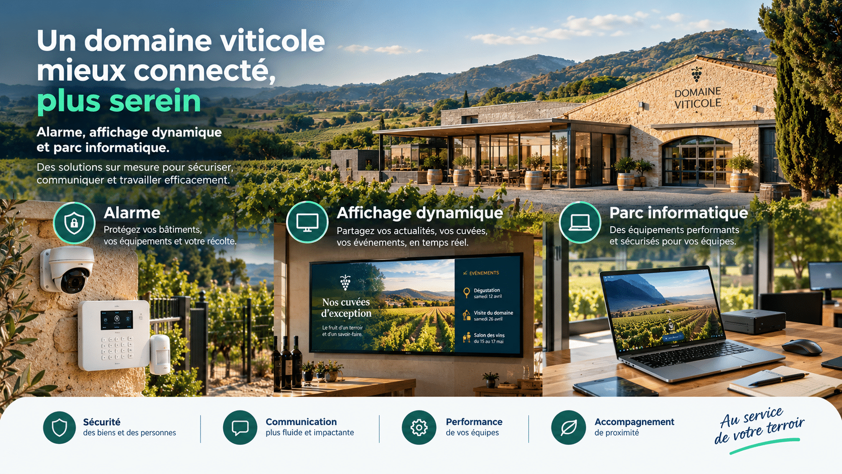 Un domaine viticole au cœur des vignes, équipé de solutions technologiques pensées pour répondre aux besoins des professionnels du secteur. Alarme — protégez les bâtiments, les équipements et les installations du domaine. Affichage dynamique — diffusez vos actualités, événements, informations et cuvées en temps réel. Parc informatique — bénéficiez d’équipements performants, fiables et sécurisés pour vos équipes. Un domaine mieux connecté, plus serein et plus performant, grâce à des solutions adaptées à chaque activité. izitek