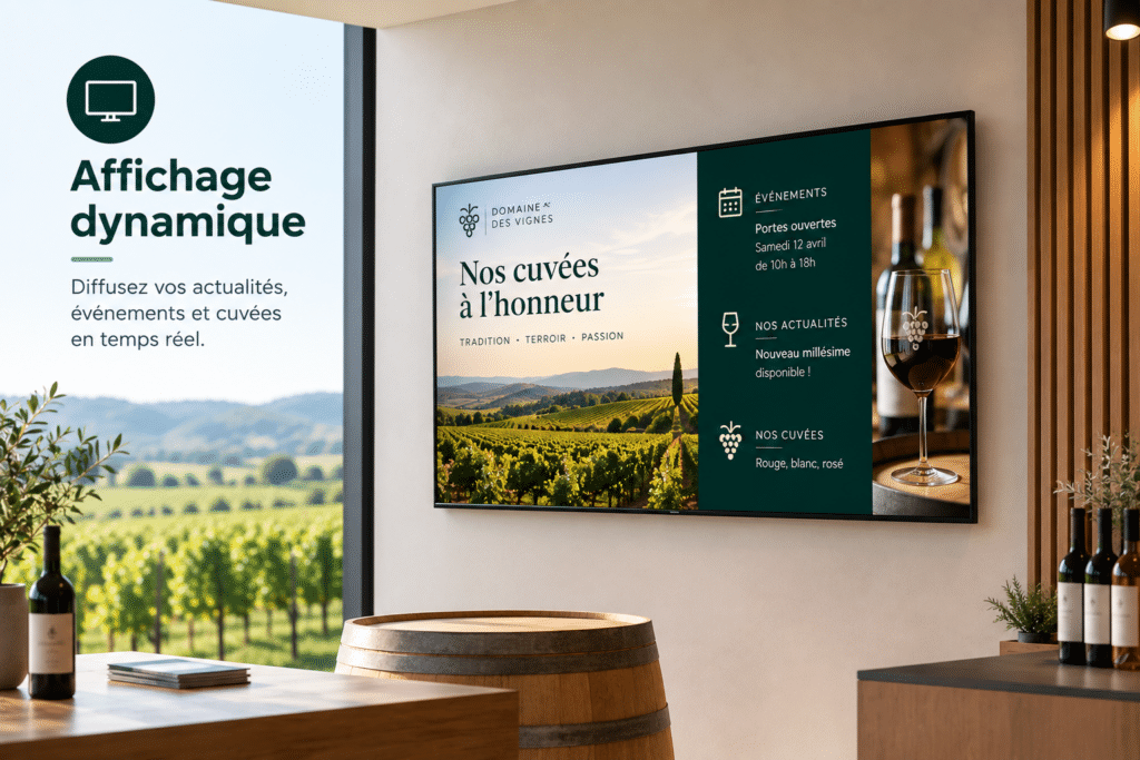 Moderniser l’accueil et la communication d’un domaine viticole. Le visuel montre un espace de dégustation équipé d’un écran d’affichage dynamique. Actualités, événements, informations pratiques ou présentation des cuvées peuvent être diffusés simplement et actualisés en temps réel.