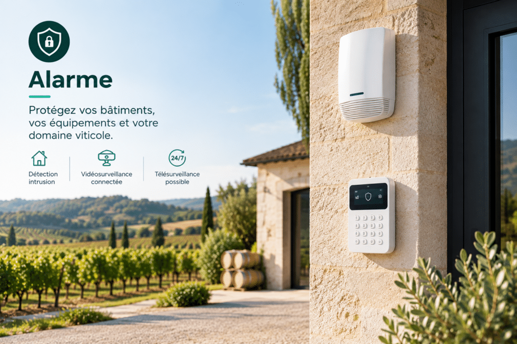 Sécuriser un domaine viticole, c’est protéger bien plus que ses bâtiments. Le visuel présente un domaine viticole entouré de vignes, équipé d’une solution d’alarme moderne. Détection d’intrusion, vidéosurveillance et télésurveillance permettent de renforcer la protection des bâtiments, des équipements et des installations, de jour comme de nuit.