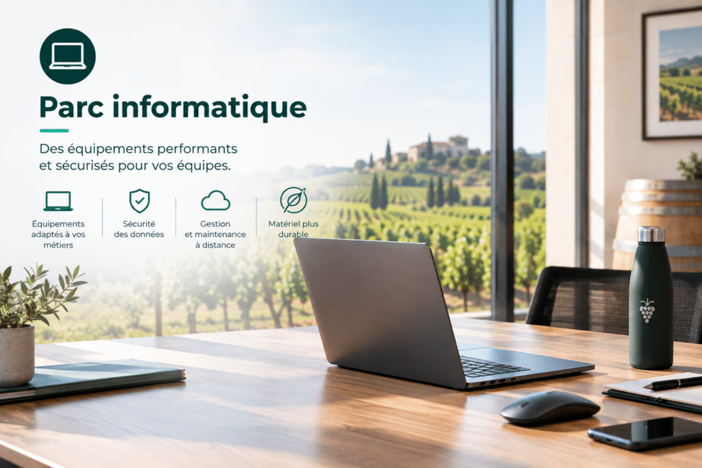 Un parc informatique adapté aux métiers du domaine viticole. Le visuel présente un espace de travail moderne avec un ordinateur portable, dans un environnement ouvert sur les vignes. Des équipements adaptés aux besoins des équipes, la sécurisation des données et la gestion à distance contribuent à un environnement informatique plus performant et fiable.