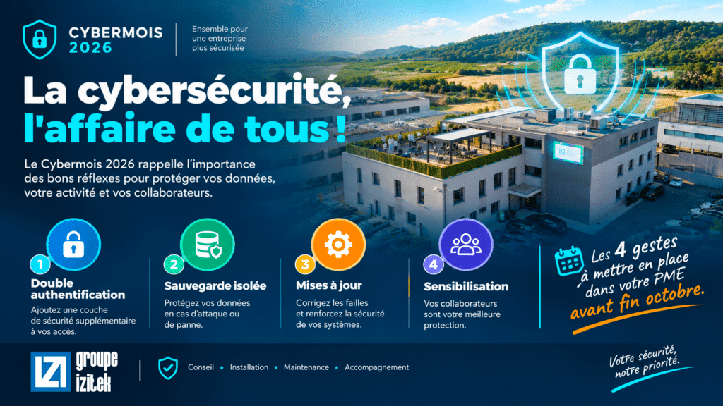 Visuel du Cybermois 2026 du Groupe Izitek, avec son bâtiment en arrière-plan et quatre gestes essentiels pour renforcer la cybersécurité d’une PME : activer la double authentification, mettre en place des sauvegardes isolées, effectuer les mises à jour et sensibiliser les collaborateurs avant fin octobre.
