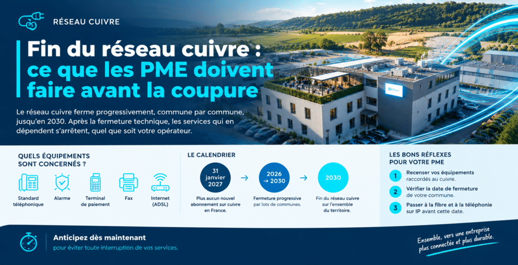 Infographie sur la fin du réseau cuivre pour les PME, avec le bâtiment Izitek en arrière-plan, présentant le calendrier de fermeture jusqu’en 2030, les équipements concernés (téléphone, alarme, terminal de paiement, fax et ADSL) et les étapes pour anticiper la migration vers la fibre et la téléphonie IP. Aix, Marseille, PACA, France