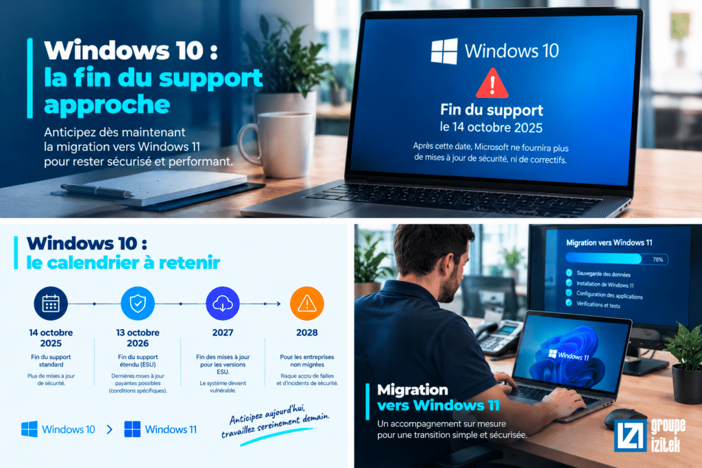 Fin du support de Windows 10 et calendrier des mises à jour étendues jusqu’en 2028, avec un technicien IZITEK accompagnant la migration d’un poste informatique vers Windows 11 pour sécuriser le parc informatique de l’entreprise.