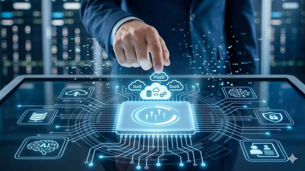 une main qui gère l'infogérance de l'entreprise avec des serveurs derrière lui