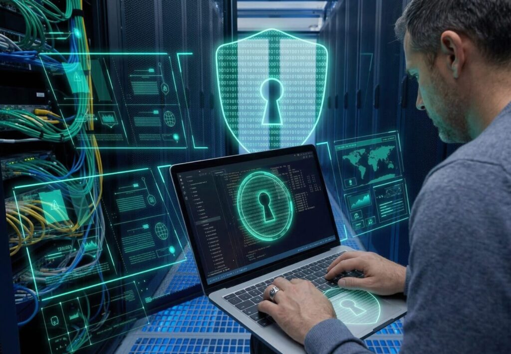 pc avec une personne cybersécurité