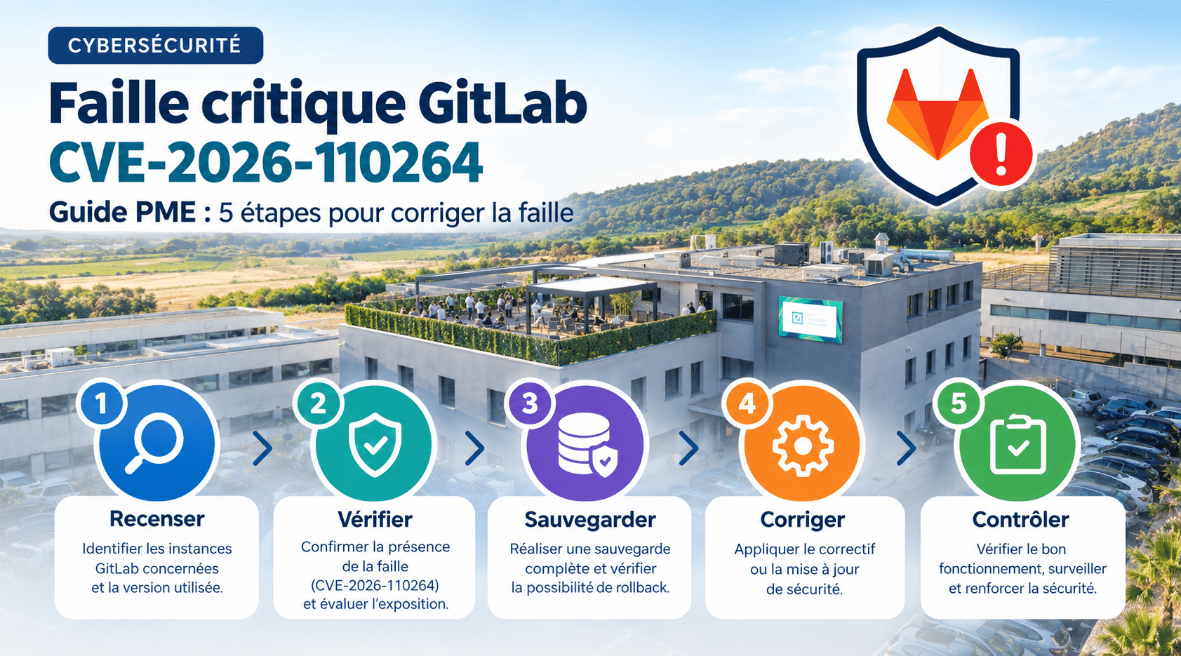 Infographie cybersécurité présentant la faille critique GitLab CVE-2026-110264 et les cinq étapes pour la corriger en PME : recenser les instances concernées, vérifier la vulnérabilité, sauvegarder les données, appliquer le correctif et contrôler le bon fonctionnement. Le bâtiment IZITEK apparaît en arrière-plan.