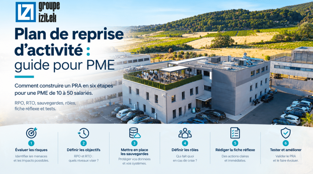 Illustration du plan de reprise d’activité (PRA) pour les PME de 10 à 50 salariés, avec le bâtiment Izitek en arrière-plan. Le visuel présente les six étapes essentielles pour construire un PRA : évaluer les risques, définir les objectifs RPO et RTO, mettre en place les sauvegardes, définir les rôles, rédiger une fiche réflexe et tester le plan pour assurer la continuité et la reprise de l’activité après un incident informatique.