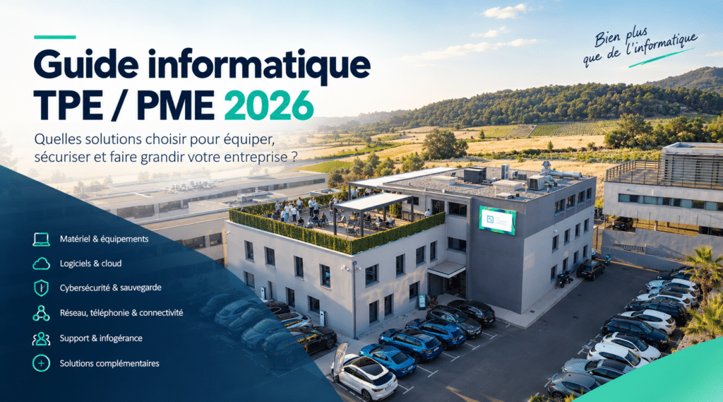 Visuel du guide informatique TPE/PME 2026 d’IZITEK, avec une vue aérienne de ses locaux en arrière-plan. Le guide présente les principales solutions informatiques pour les entreprises : matériel, logiciels et cloud, cybersécurité, sauvegarde, réseau, téléphonie, infogérance et services complémentaires.