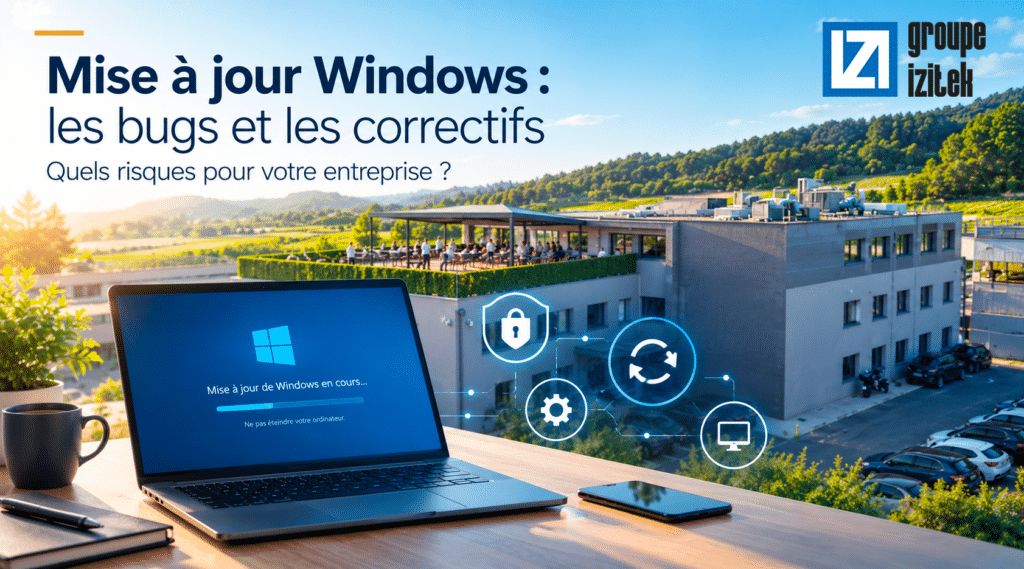 Illustration des risques liés aux mises à jour Windows en entreprise, avec un ordinateur affichant une mise à jour en cours devant un bâtiment moderne, accompagné d’icônes symbolisant la cybersécurité, la maintenance informatique et les correctifs logiciels.