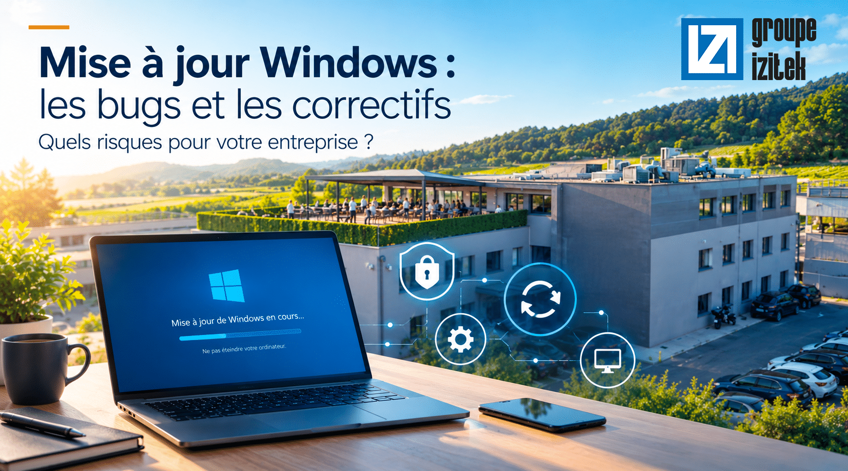 Illustration des risques liés aux mises à jour Windows en entreprise, avec un ordinateur affichant une mise à jour en cours devant un bâtiment moderne, accompagné d’icônes symbolisant la cybersécurité, la maintenance informatique et les correctifs logiciels.