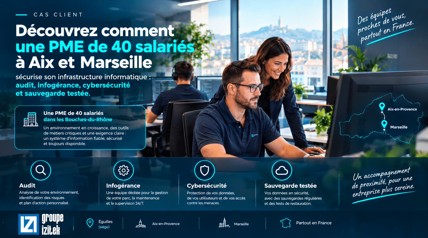 On voit deux personnes qui parlent d'informatique, infogérance, cybersécurité pour leur PM TPE