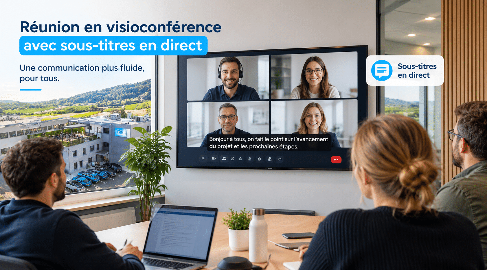 Réunion en visioconférence dans une salle de réunion d’entreprise, avec quatre participants à l’écran et des sous-titres en français affichés en direct. Le bâtiment IZITEK est visible à travers la fenêtre, illustrant une solution de communication accessible et adaptée aux PME.