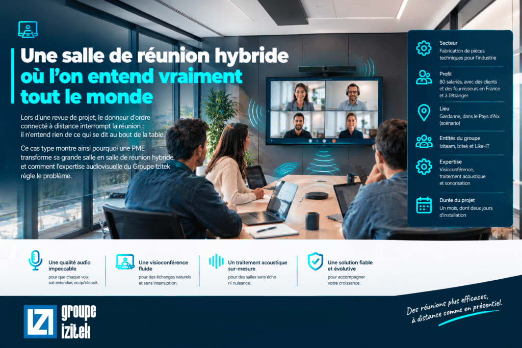 Salle de réunion hybride équipée par le Groupe Izitek : écran de visioconférence, microphones et traitement acoustique permettent à une PME industrielle de Gardanne de garantir des échanges clairs entre les collaborateurs présents et les participants à distance.