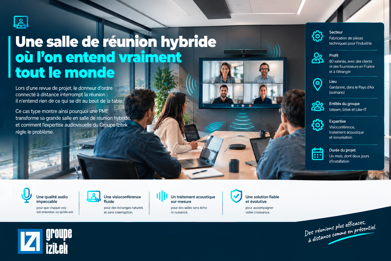 Salle de réunion hybride équipée par le Groupe Izitek : écran de visioconférence, microphones et traitement acoustique permettent à une PME industrielle de Gardanne de garantir des échanges clairs entre les collaborateurs présents et les participants à distance.
