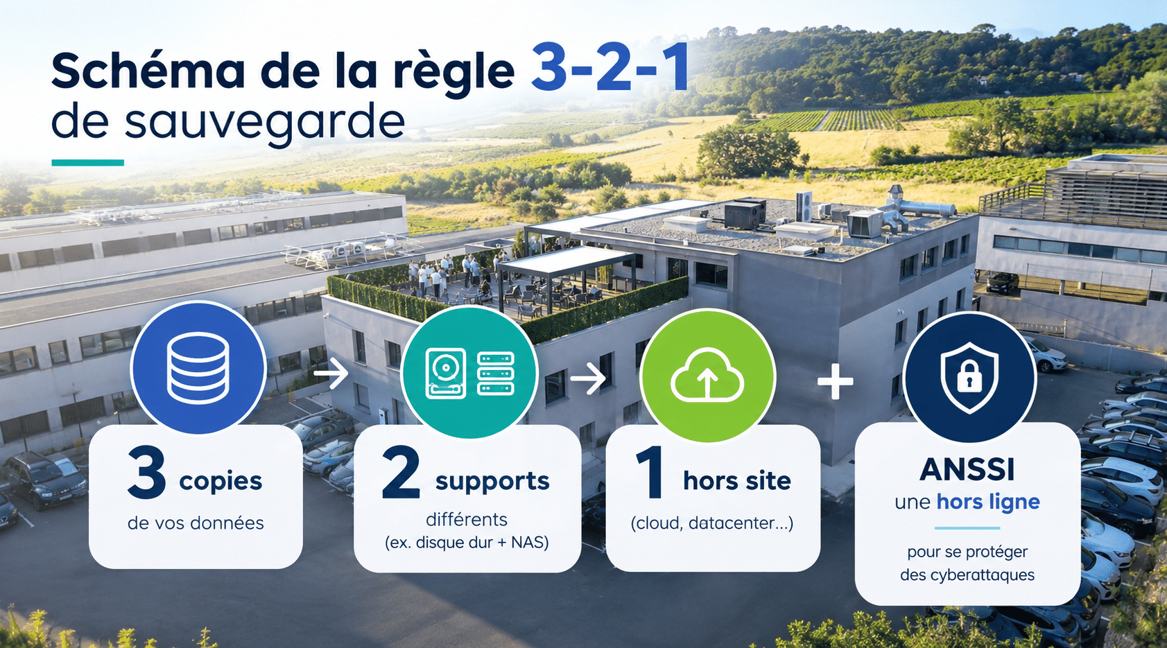 Schéma de la règle 3-2-1 de sauvegarde illustré sur une photo aérienne du bâtiment Izitek : conserver 3 copies des données, utiliser 2 supports de stockage différents et disposer d’1 copie hors site (cloud ou datacenter), avec une sauvegarde supplémentaire hors ligne pour renforcer la protection contre les cyberattaques.