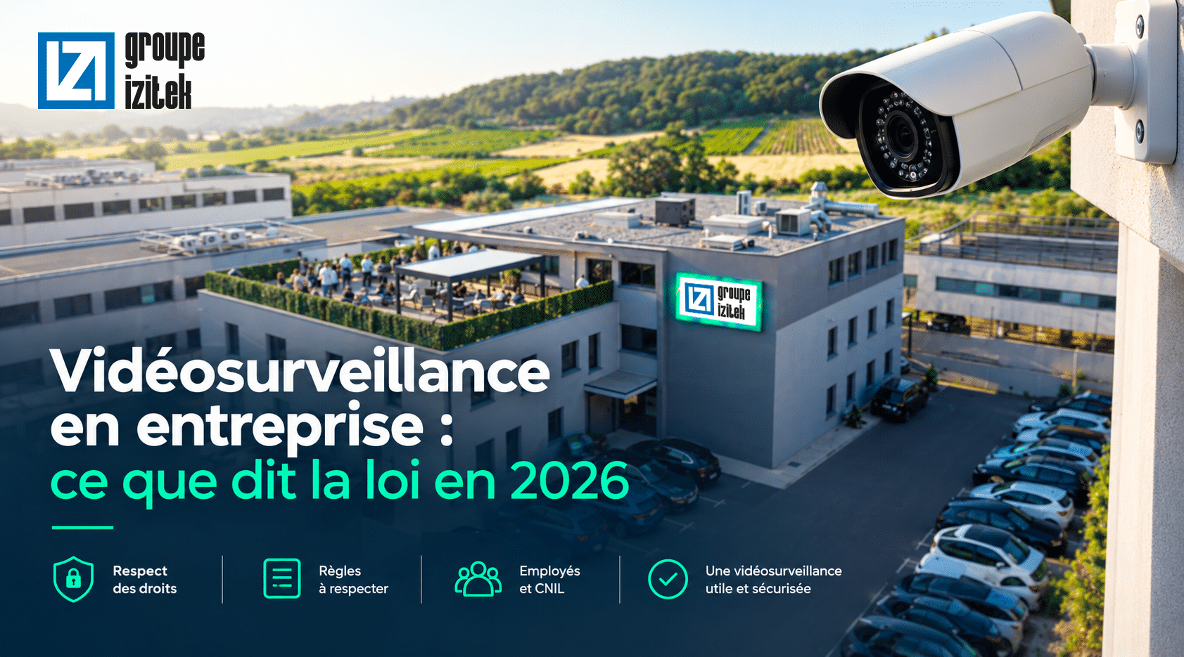 Visuel du Groupe Izitek sur la vidéosurveillance en entreprise, illustrant la protection des locaux professionnels grâce aux caméras de sécurité, à la surveillance à distance et à l’accompagnement dans l’installation des équipements.